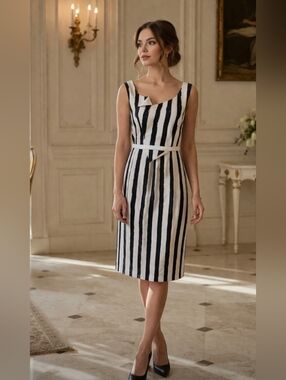ANTONIO MELANI Navy Blue White Vertical Stripe Sheath Dress Size 4